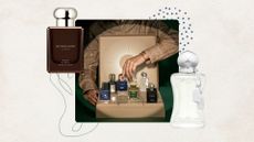 Image of the Harrods 12 Days of Fragrance Advent Calendar 2025 on a beige background with blue polka dot and swirl graphics, a brown bottle of Jo Malone's Myrrh & Tonka Cologne and Parfums de Marly's Valaya perfume