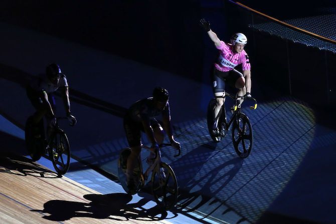 Alex Spratt enjoys the crowd's applause at the 2018 Six Day London