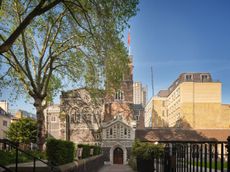 Fig 2: The moment of discovery: path, porch and belfry sit on the line of the south aisle of the nave, which was demolished in the 1540s. St Bartholomew's Church, City of London. ©Will Pryce for Country Life