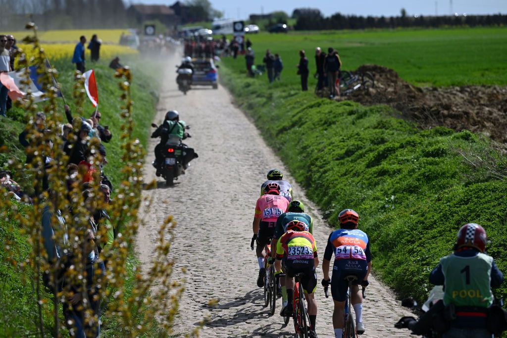 ROUBAIX FRANCE APRIL 07 LR Alberto Bettiol of Italy and Team EF Education EasyPost Alexander Salby of Denmark and Team Bingoal WB and Amund Grondahl Jansen of Norway and Team Jayco AlUla compete during the 121st ParisRoubaix 2024 a 2597km one day race from Compiegne to Roubaix UCIWT on April 07 2024 in Roubaix France Photo by Dario BelingheriGetty Images