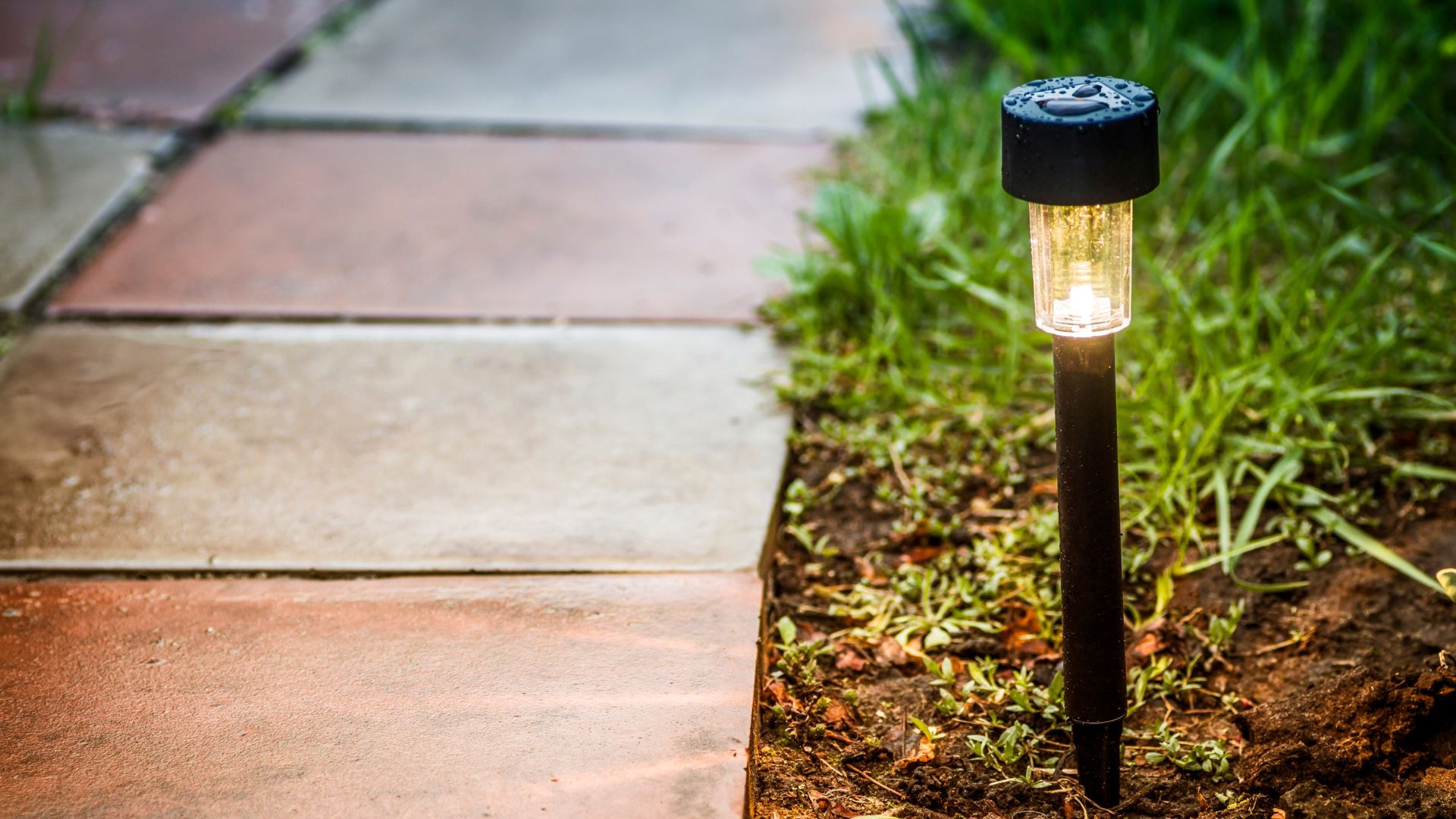 picture of path light in garden with warm glow