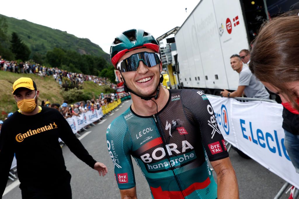 LARUNS FRANCE JULY 05 Stage winner Jai Hindley of Australia and Team BORAHansgrohe reacts after the stage five of the 110th Tour de France 2023 a 1627km stage from Pau to Laruns UCIWT on July 05 2023 in Laruns France Photo by Benoit Tessier PoolGetty Images