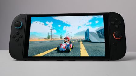 Nintendo Switch 2 console with Mario Kart World playing on the screen