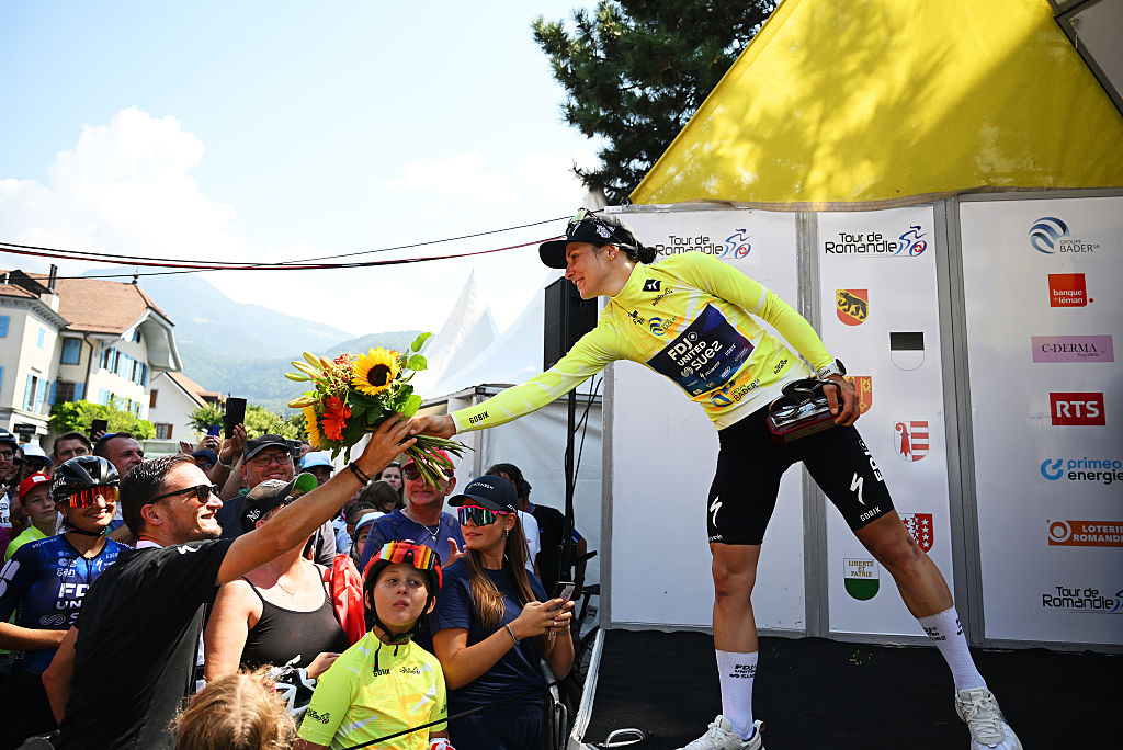 AIGLE, SWITZERLAND - AUGUST 17: Elise Chabbey of Switzerland and Team FDJ - SUEZ celebrates at podium as Yellow Leader Jersey winner during the 4th Tour de Romandie Feminin 2025, Stage 3 a 122.1km stage from Aigle to Aigle / #UCIWWT / on August 17, 2025 in Aigle, Switzerland. (Photo by Dario Belingheri/Getty Images)