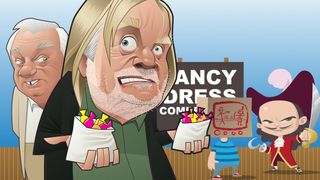 Cartoon of Rick Wakeman and Roy Hudd with two children in fancy dress