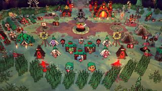 best indie games: a group of colourful diminutive cultists from Cult of the Lamb