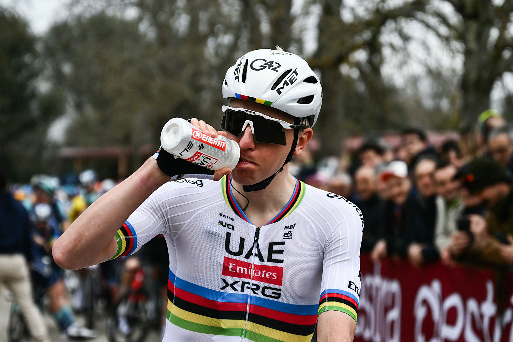 UAE Team Emirates's Slovenian Tadej Pogacar drinks from his bottle ahead of the 20th one-day classic 'Strade Bianche' (White Roads) men's cycling race between Siena and Siena in Tuscany on March 7, 2026. (Photo by Marco BERTORELLO / AFP)