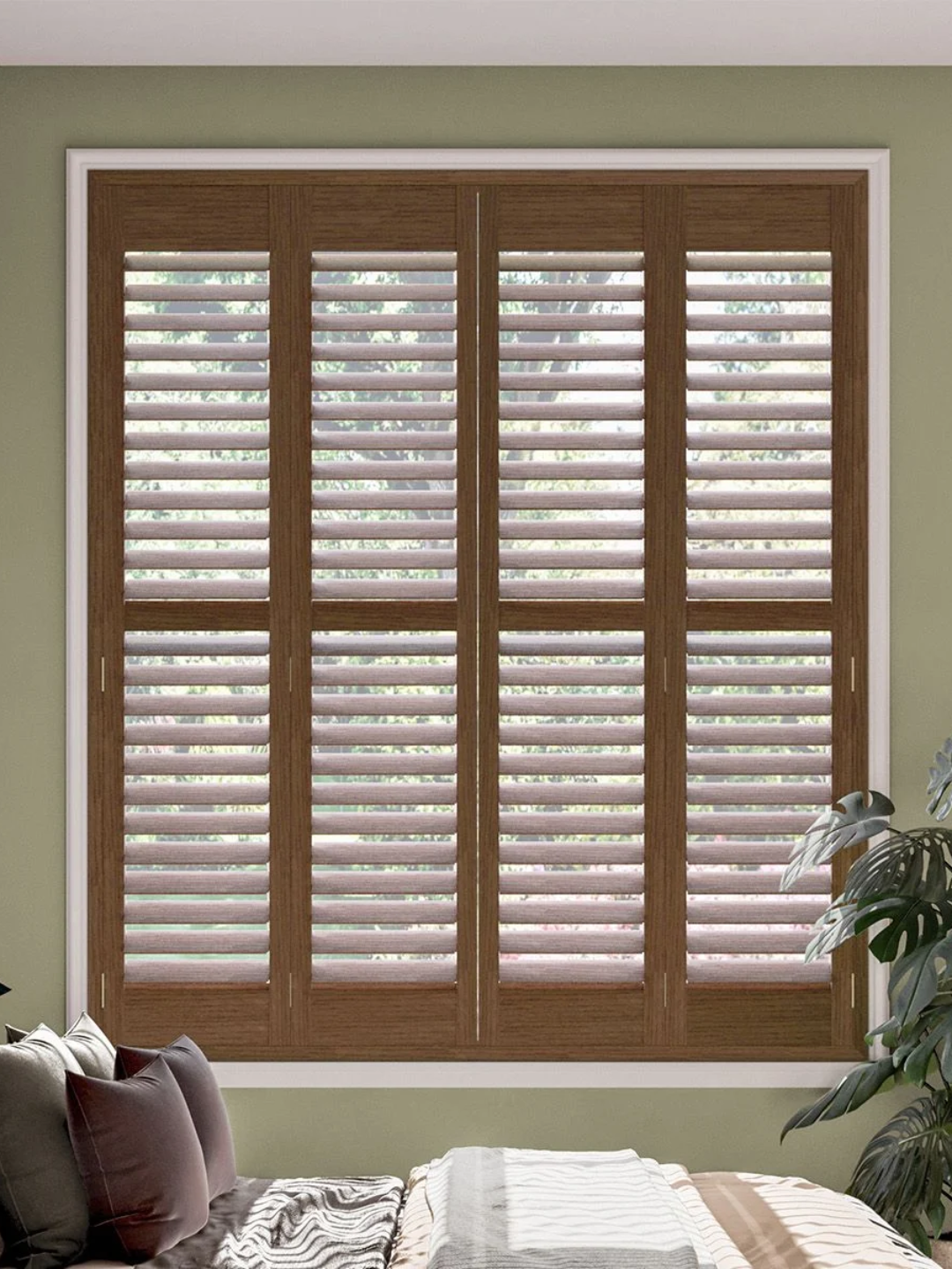 A set of chocolate wood full height shutters from Swift Direct Blinds