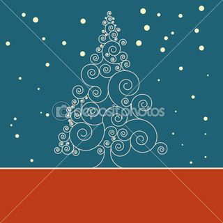 Christmas card template: Line drawn swirls form a Christmas tree shape, with snow falling, on a blue wall and red floor