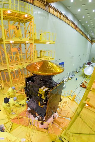 ExoMars 2016 spacecraft composite underwent encapsulation within the launcher fairing at the Baikonur Cosmodrome in Kazakhstan on March 2, 2016.