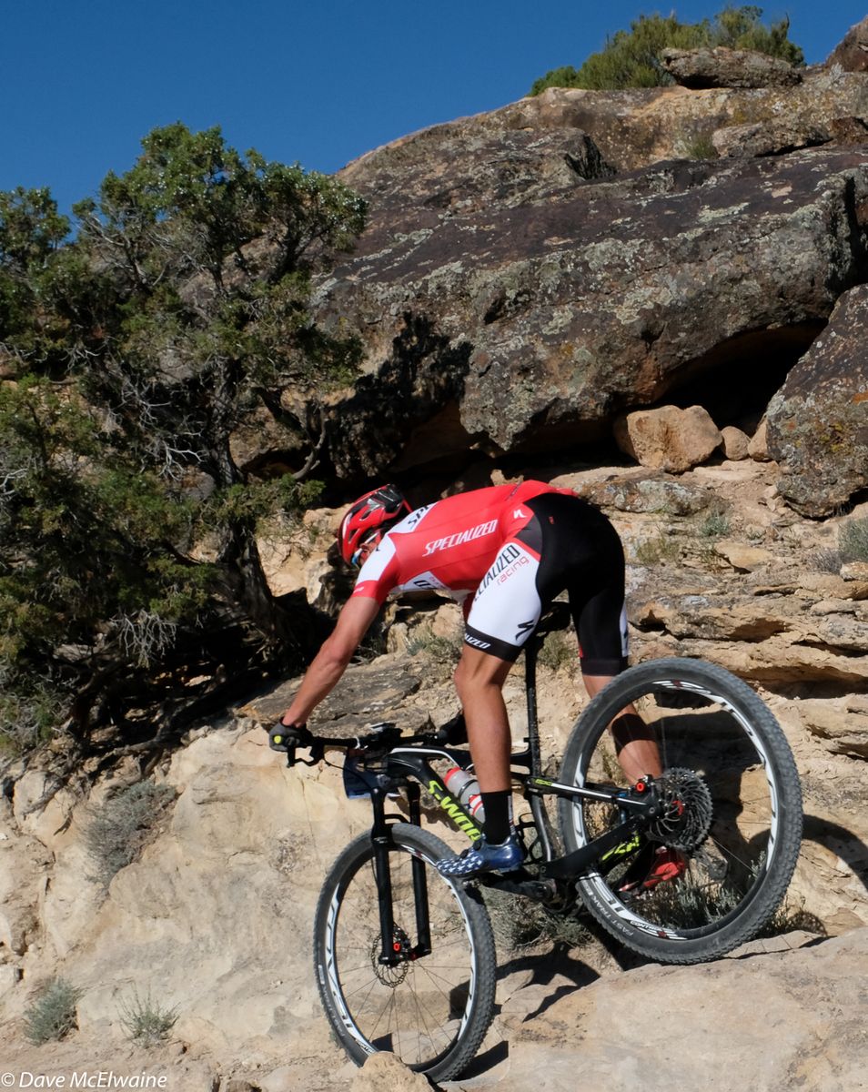Howard Grotts (Specialized) getting way back on a steep descent