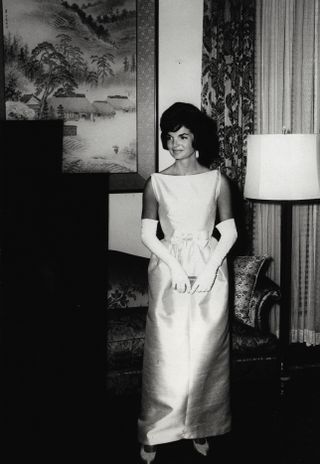 First Lady Jacqueline Bouvier Kennedy attends dinner with the Prime Minister of Japan at the Japanese Embassy June 21, 1961 in Washington, DC.