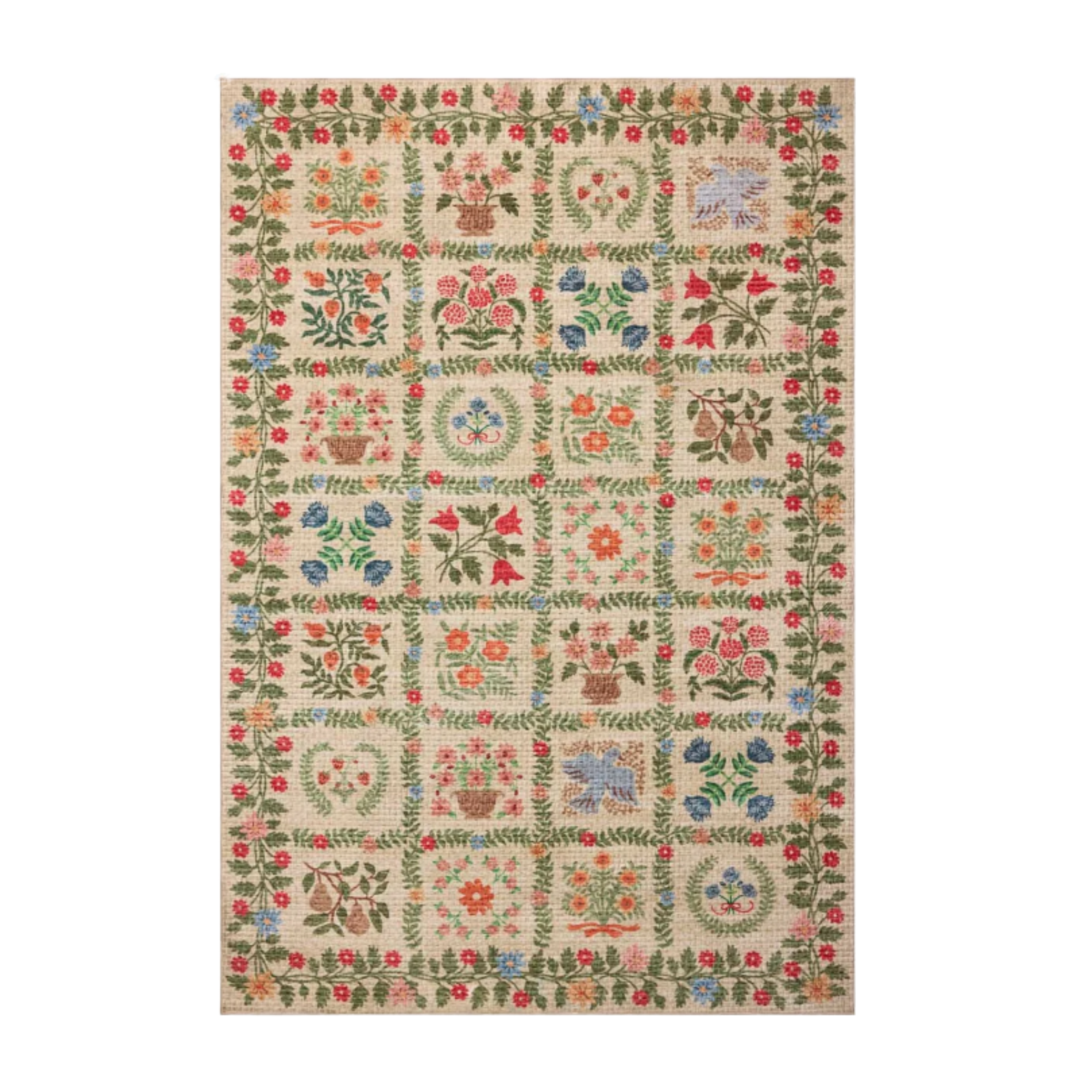 a patchwork style rug in varying bold colors