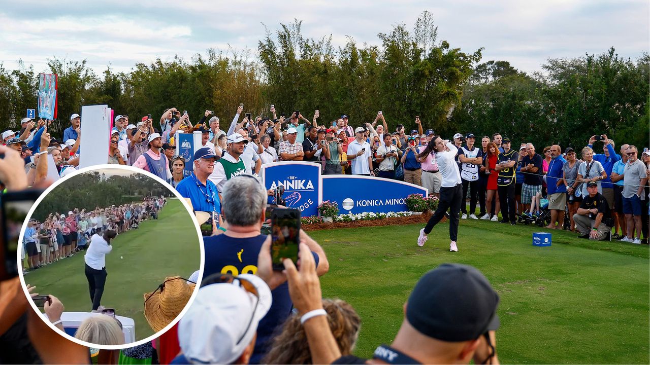 Main image of Caitlin Clark teeing off at The Annika Pro-Am and inset photo of Clark shanking a tee shot towards the crowd