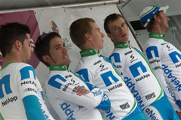Team NetApp riders are introduced prior to the start.