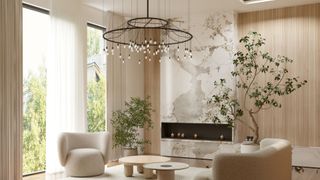 A chandelier over a dining/ living space