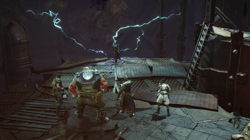 Press Kit screenshot of the player's party meeting Laarthyr Cairnareth, the Eldar Corsair.
