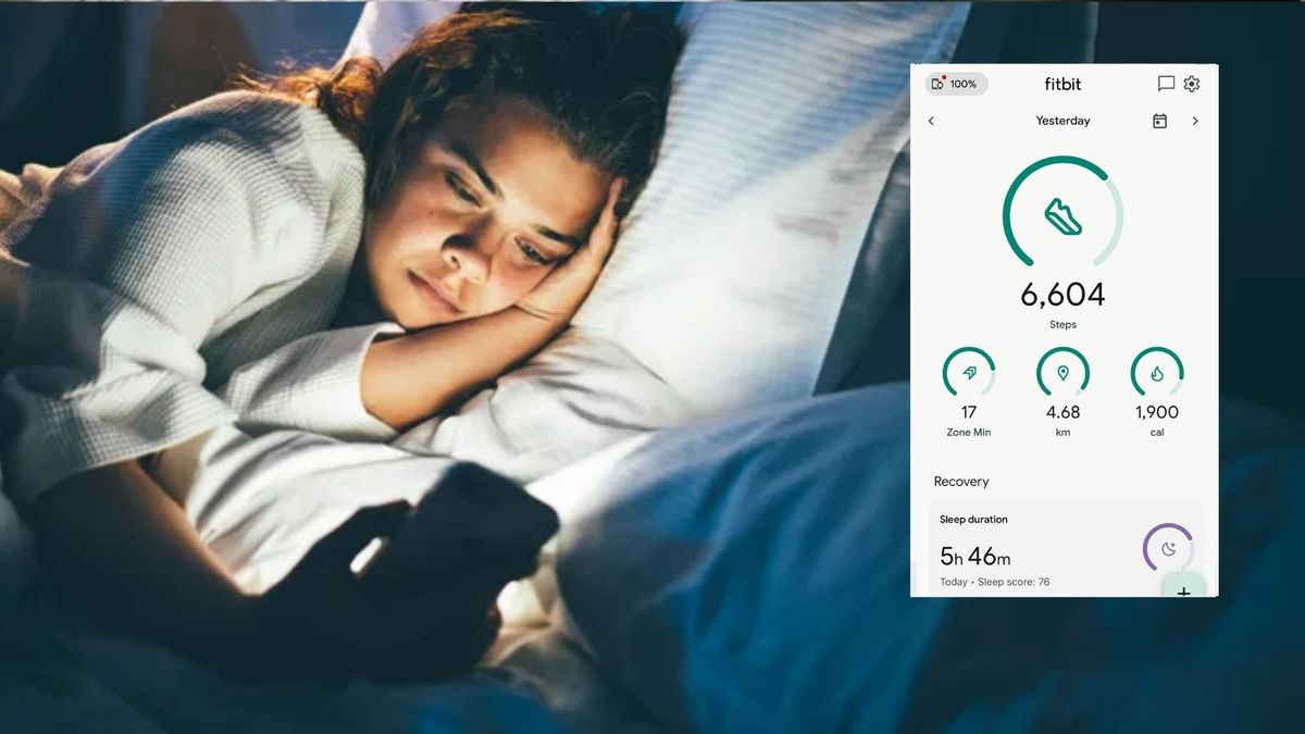 The image shows a dark haired woman in bed, scrolling on her phone. Inset is an image of sleep statistics, showing that she has slept for 5 hours and 46 minutes.