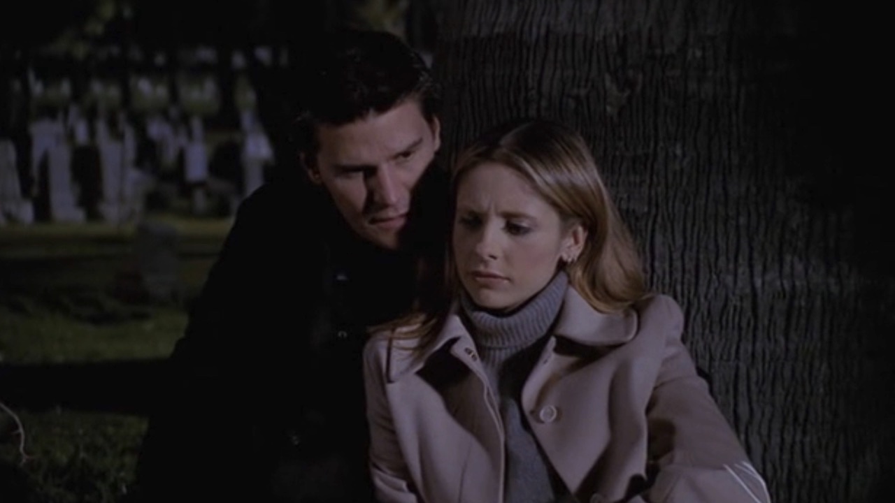 Angel and Buffy talk in the cemetery after Joyce's funeral.