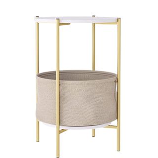 finetones Round End Table, 2-Tier Side Table Accent Table with Detachable Linen Basket and Storage Shelf, Modern Bedside Sofa Coffee Table for Living Room, Bedroom, White/Gold