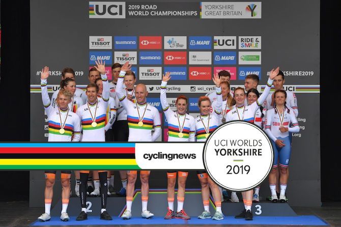 The UCI Road World Championships team time trial mixed relay podium