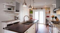 white kitchen with sink island unit and clever kitchen storage idea built around the French Doors