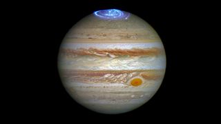 Ultraviolet auroras around Jupiter's north pole seen by the Hubble Space Telescope.