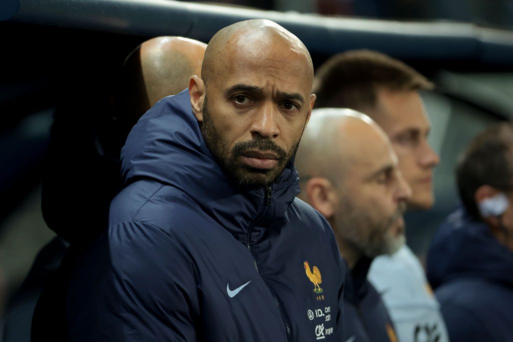 Thierry Henry looks on during the U23 international friendly match between France U23 and USA U23 at Stade Auguste Bonal on March 25, 2024 in Sochaux Montbeliard, France. (Photo by Jean Catuffe/Getty Images)