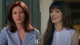 From left to right: Julia Roberts smiling during a press confrence in Notting Hill and Anne Hathaway smiling while standing on her porch in The Idea of You.