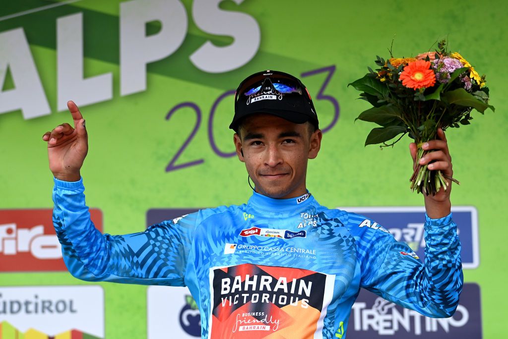 RITTEN ITALY APRIL 18 Santiago Buitrago of Colombia and Team Bahrain Victorious celebrates at podium as Blue mountain jersey winner during the 46th Tour of the Alps 2023 Stage 2 a 1652km stage from Reith im Alpbachtal to Ritten 1174m on April 18 2023 in Reith im Alpbachtal Italy Photo by Tim de WaeleGetty Images