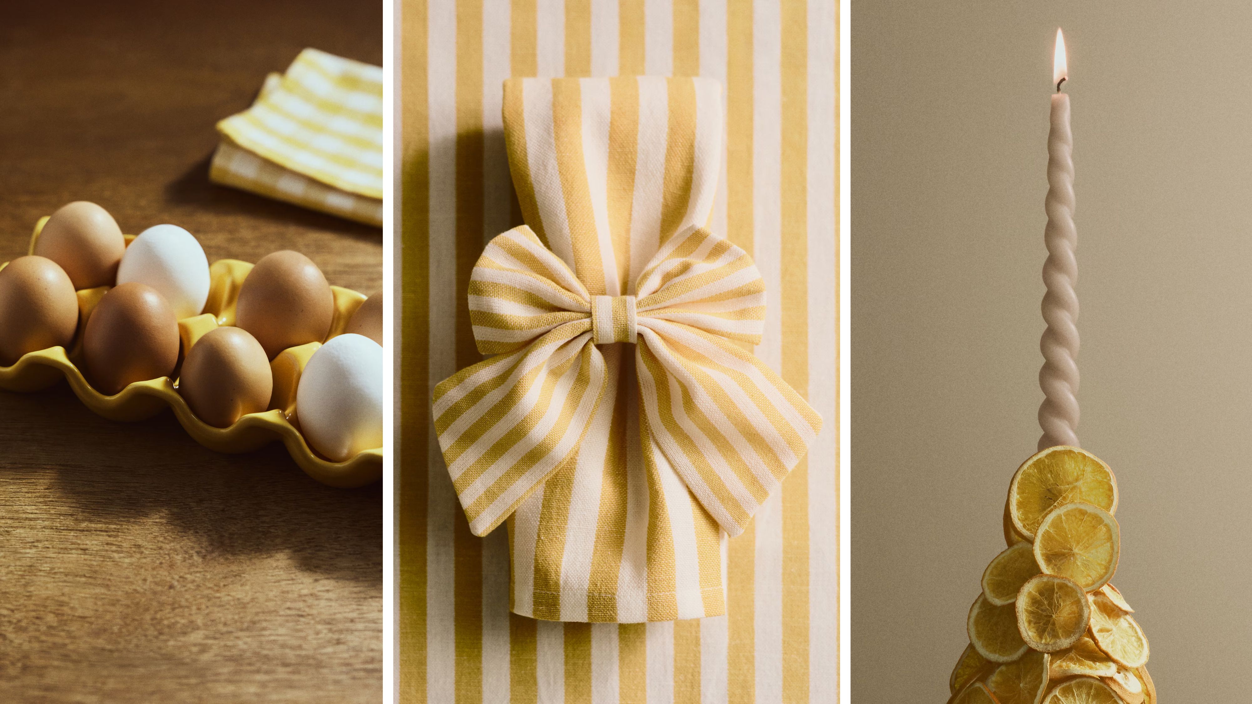 Collage of three images featuring lemon-yellow decor &ndash; including a ceramic egg holder, collection of striped table linens, and spiral lit taper candle