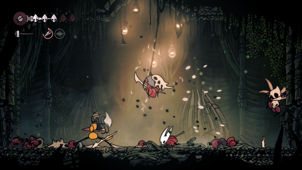 Fighting alongside Shakra in Hollow Knight: Silksong during an ant warrior gauntlet in Hunter's March