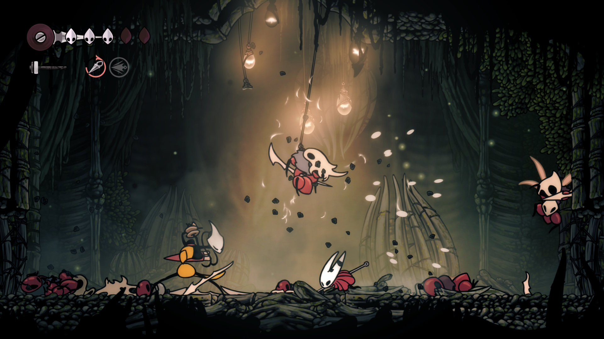 Fighting alongside Shakra in Hollow Knight: Silksong during an ant warrior gauntlet in Hunter&#039;s March