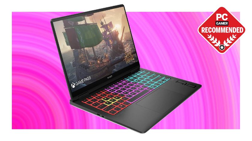 A HP Omen Transcend 14 gaming laptop on a pink background with a PC Gamer Recommended logo on top