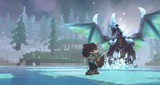 A sword-armed hero and frosty dragon from Hytale