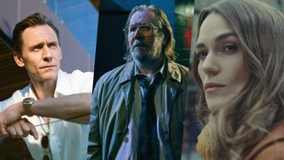 A photo collage comprised of (L-R) stills of Tom Hiddleston in "The Night Manager" season 2, Jackson Lamb (Gary Oldman) in "Slow Horses", and Helen Webb (Keira Knightley) in Netflix's "Black Doves"