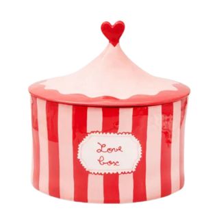 pink and red striped ceramic box with lid