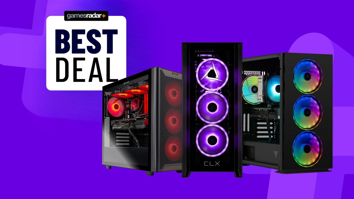 Three RTX 5070 gaming PCs on a purple background