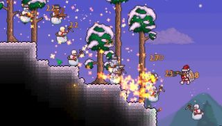 Games like Minecraft - a screenshot of a Christmas event during Terraria