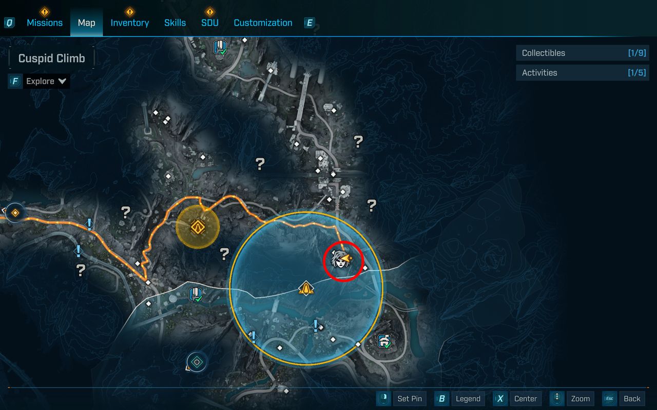 Borderlands 4 vault key fragment locations: A map with a red circle highlighting the location of the Terminus Range vault.