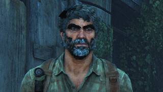 A bug-afflicted Joel in the PC port of The Last of Us, with incredibly bushy eyebrows.