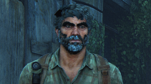 A bug-afflicted Joel in the PC port of The Last of Us, with incredibly bushy eyebrows.