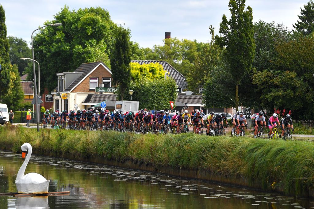 HARDENBERG NETHERLANDS AUGUST 25 A general view of the peloton during the 23rd Simac Ladies Tour 2021 Stage 1 a 1344km stage from Zwolle to Hardenberg SLT2021 UCIWWT on August 25 2021 in Hardenberg Netherlands Photo by Luc ClaessenGetty Images