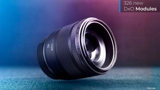 Canon RF 45mm f/1.2 STM on a blue to pink gradient 