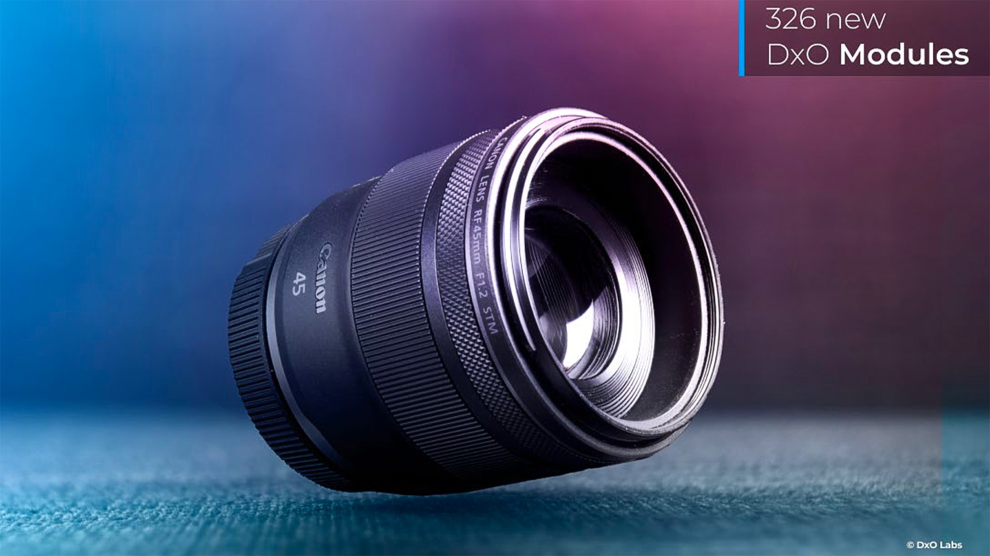 Canon RF 45mm f/1.2 STM on a blue to pink gradient