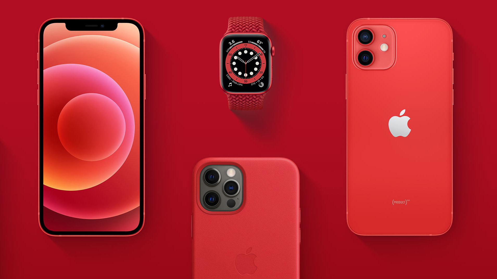 Una gama de productos Apple Product Red sobre un fondo rojo.