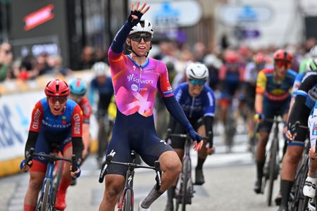 SCHOTEN BELGIUM APRIL 03 Lorena Wiebes of The Netherlands and Team SD WorxProtime celebrates at finish line as race winner during the 112th Scheldeprijs 2024 Womens Elite a 1305km one day race from Schoten to Schoten on April 03 2024 in Schoten Belgium Photo by Marc Van HeckeGetty Images