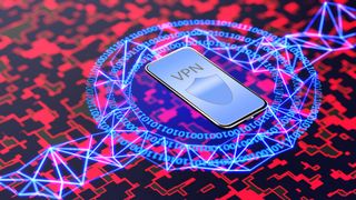 Bästa VPN för Mac: En digital bild på en mobil kör ett VPN-program och ligger över en mönstrad röd och blå yta.