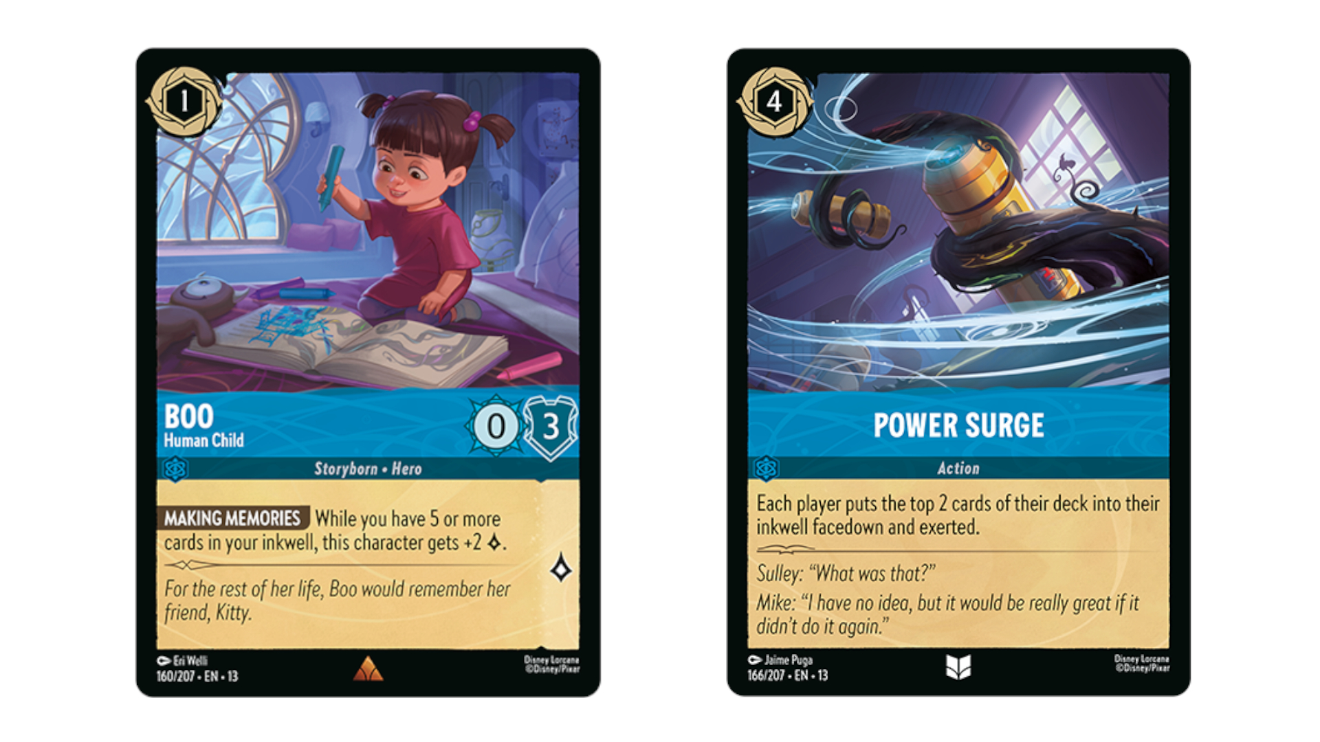 Boo, Human Child and Power Surge cards on a plain background