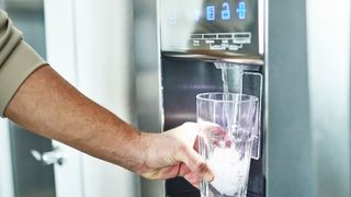 Man uses water filter on refrigerator